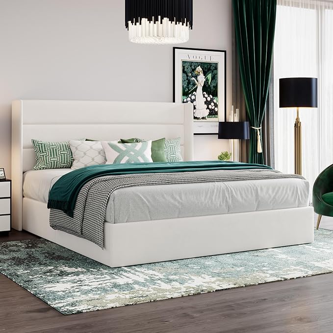 SHA CERLIN King Size Lift Up Storage Bed/Velvet Upholstered/Modern Wingback - Image 8