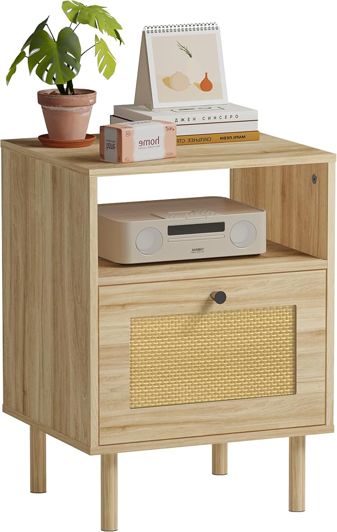 Rattan Nightstand with Storage Boho Modern Farmhouse Bedside Table with Drawer by DONGRONG