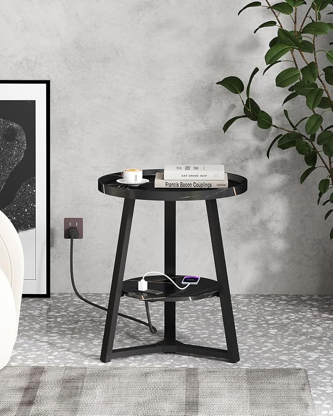 Round End Table with Charging Station, 19.7" Dia x 23.63" H, Side Table with - Image 2