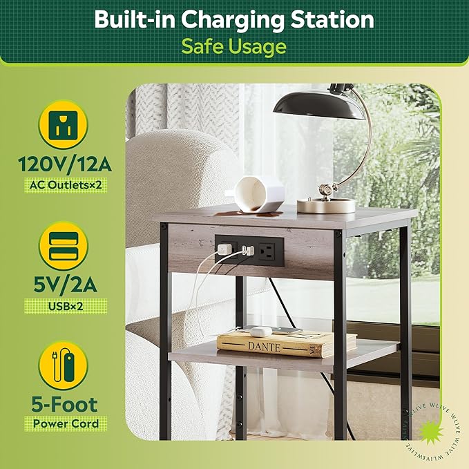 WLIVE End Table with Charging Station, Small Night Stand with 3 Storage Shelves - Image 4