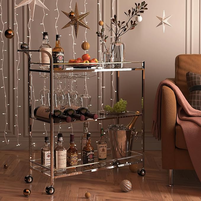 Bar Cart Silver, Home Bar Serving Cart, Modern Bar Cart - Image 2
