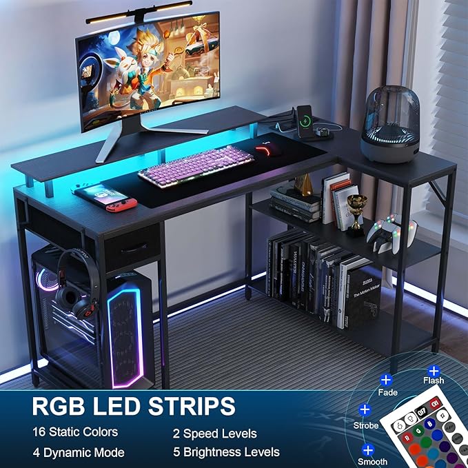 47 inch Gaming Desk with Power Outlet & LED Light, Reversible L Shaped Desk - Image 4