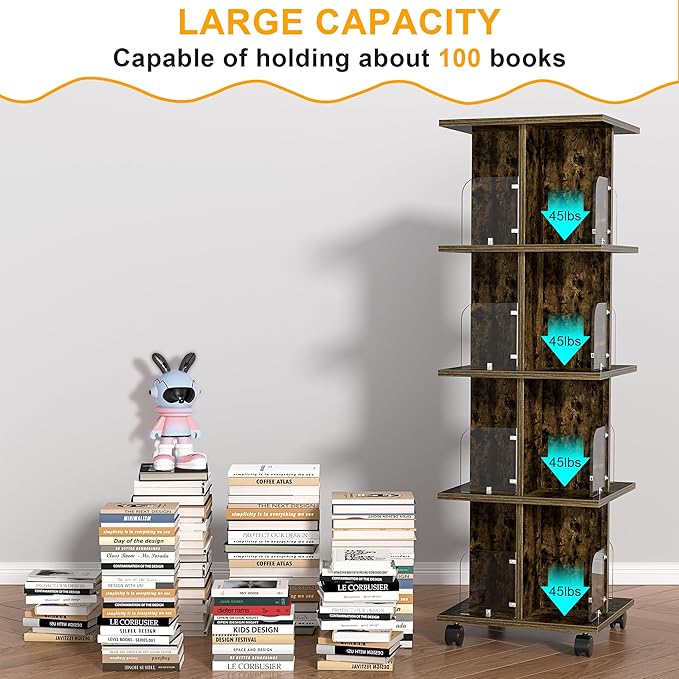 VECELO Rotating Bookshelf with Brake Wheels, 4 Tier Revolving Bookcase - Image 5