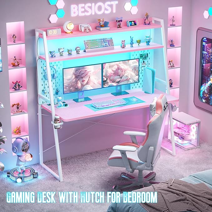 Gaming Desk with Hutch and LED Lights, Gaming Computer Desk with Power Outlets - Image 3