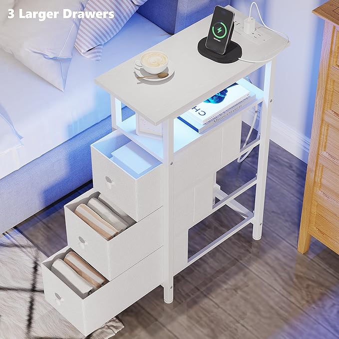 End Table with Charging Station, Narrow Side Table with 3 Fabric Drawers - Image 6