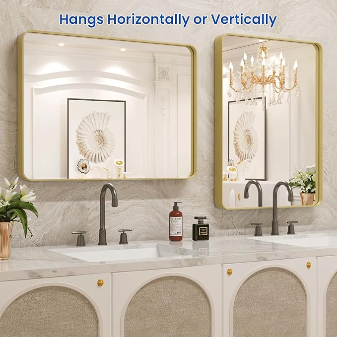 WEER Gold Bathroom Mirror, 22X30 Inch Brushed Gold Metal Frame Mirror, Rounded - Image 5