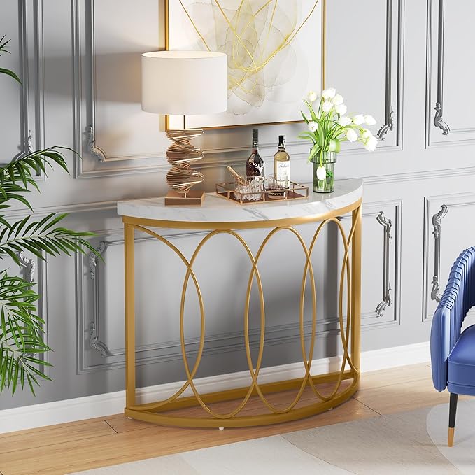 LITTLE TREE Half Moon Gold Console Table, 43 Inch Modern Faux Marble Entryway - Image 5