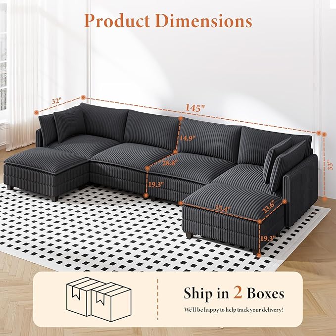 Vesgantti 143" U Shaped Sectional Modular Couch, Comfy Corduroy Upholstered - Image 2