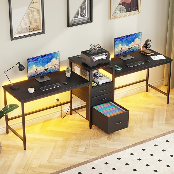93'' Two Person Desk with Charging Station, Long Desk with 3 Drawers and by GYIIYUO
