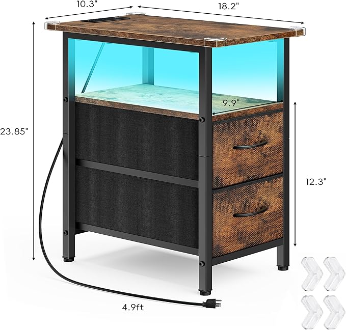 Vagusicc Nightstand with Charging Station and LED Lights, Narrow Side Table - Image 3