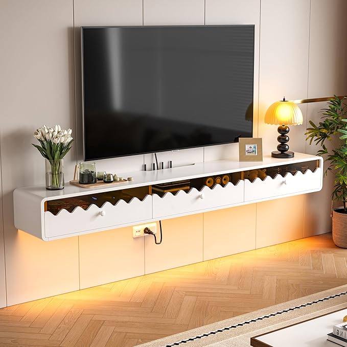 Floating TV Stand, 47IN Fully-Assembled Wall Mounted Wave Glass - Image 9