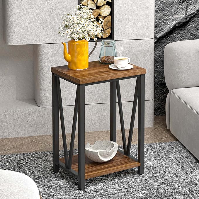FOLUBAN Small End Table, Rustic Wood and Metal Side Table - Image 3