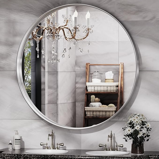 Hasipu Round Silver Mirror 38 Inch Large Round Bathroom Mirror Metal Frame by Whatssuitableisthebest