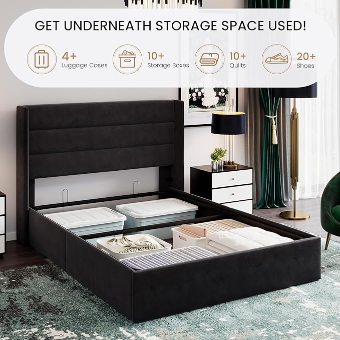 SHA CERLIN Queen Size Lift Up Storage Bed/Velvet Upholstered/Modern Wingback - Image 3