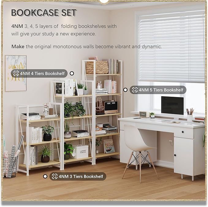 4NM No-Assembly Folding Bookshelf Storage Shelves 3 Tiers Vintage Bookcase - Image 4