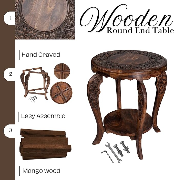 The Wooden Town Farmhouse Round Accent End Table, Rustic Side Table Nightstands - Image 4