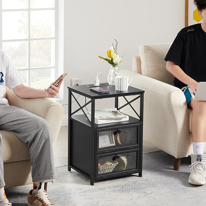 VECELO Black End Table with USB Ports and Outlets, 24 Inch Nightstands with - Image 4