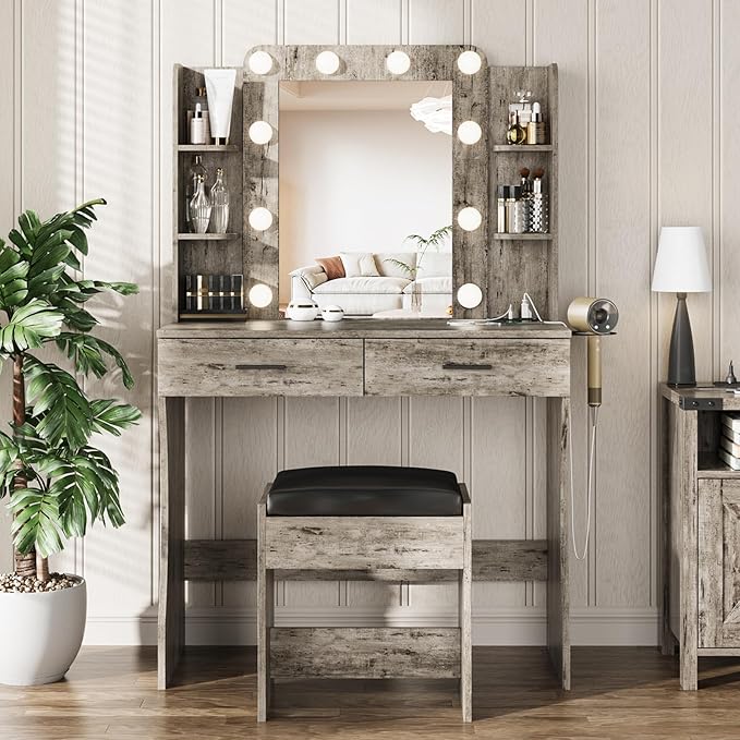 Vabches Vanity Desk with Mirror and Lights, Makeup Vanity Table with Charging by Vabches