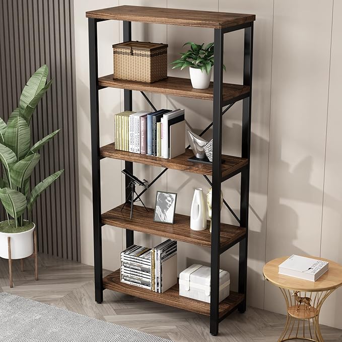 5 Tier Industrial Solid Wood Bookshelf, Open Etagere Bookcase - Image 4