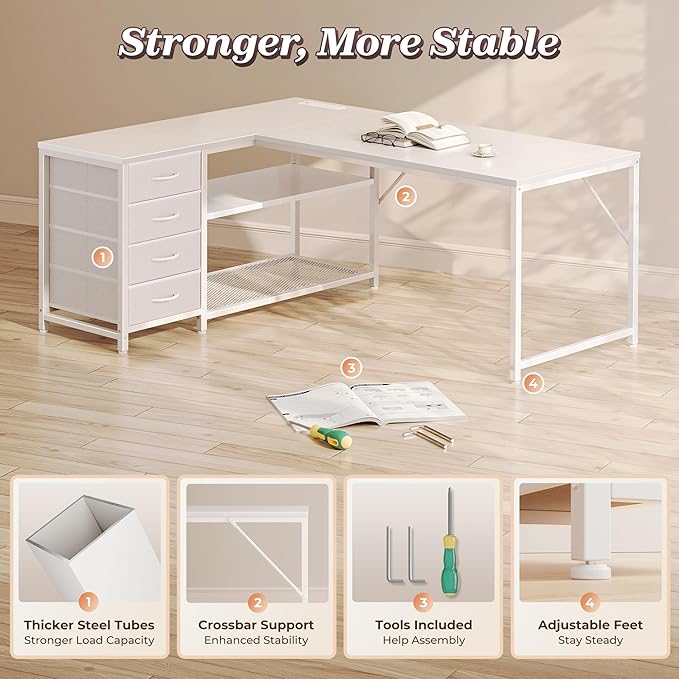 PRAISUN 53" L Shaped Desk with Power Outlets and USB-C Port, Reversible - Image 8