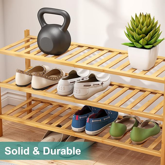 3-Tier Long Shoe Rack, Bamboo Wood Shoe Rack - Image 7