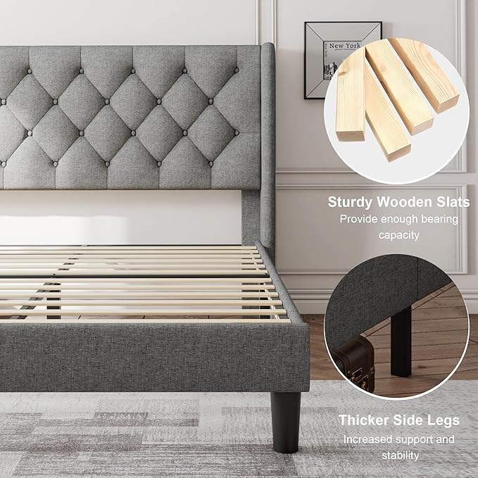 Feonase Queen Bed Frame with Upholstered Wingback Headboard, Platform Bed and - Image 5