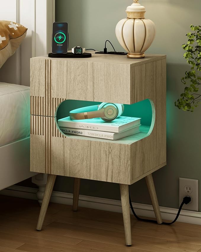 Nightstand with Charging Station and LED Lights, Modern Bedside Table with 2 by JOONEE