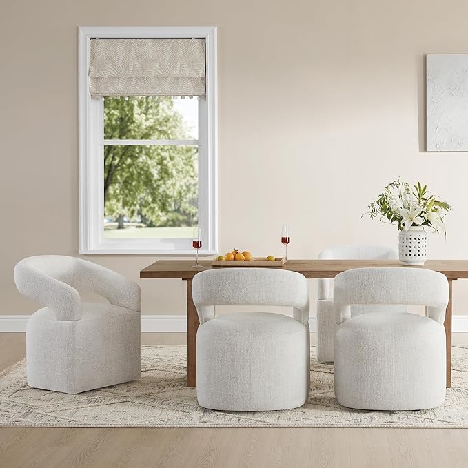 Upholstered Dining Chairs with Casters Modern Barrel Side Armchair with Rollers - Image 9