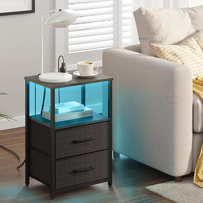 TUTOTAK LED End Table with Charging Station, Nightstand with Cloth Drawer - Image 5