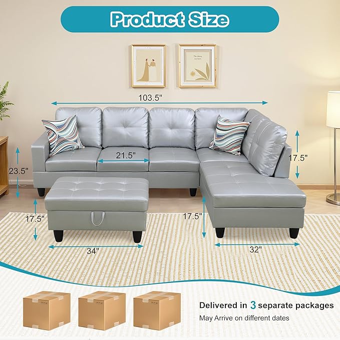 Couches for Living Room PU Leather L Shaped Couch Comfy 3 Pieces Sectional Sofa - Image 2