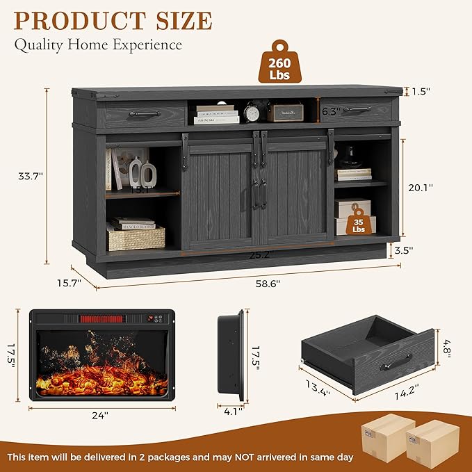 59'' Fireplace TV Stand with 3D Flame Electric Fireplace Heater, Entertainment - Image 2