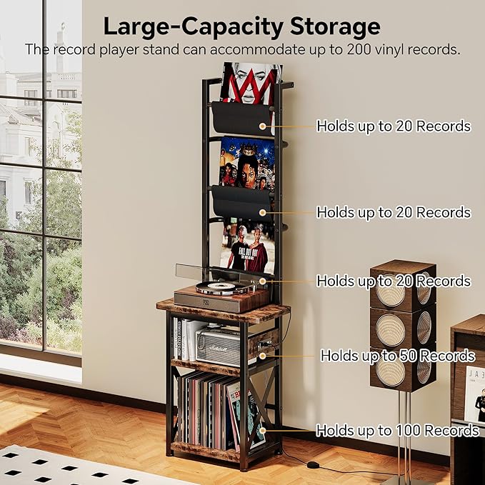 Record Player Stand with Power Outlet, 6 Tier Vinyl Record Display Shelf - Image 8