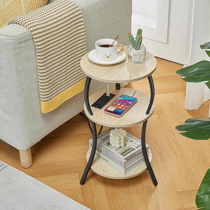 Small Round Side Table with Charging Station, 3-Tier Waist Circular End Table - Image 2