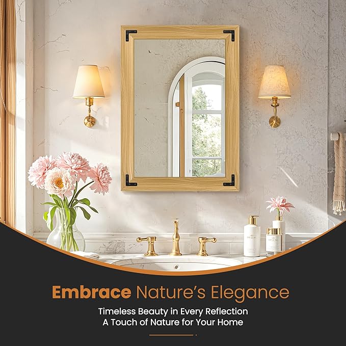 Bathroom Mirror for Wall with Wooden Frame, Vertical or Horizontal Hanging - Image 2