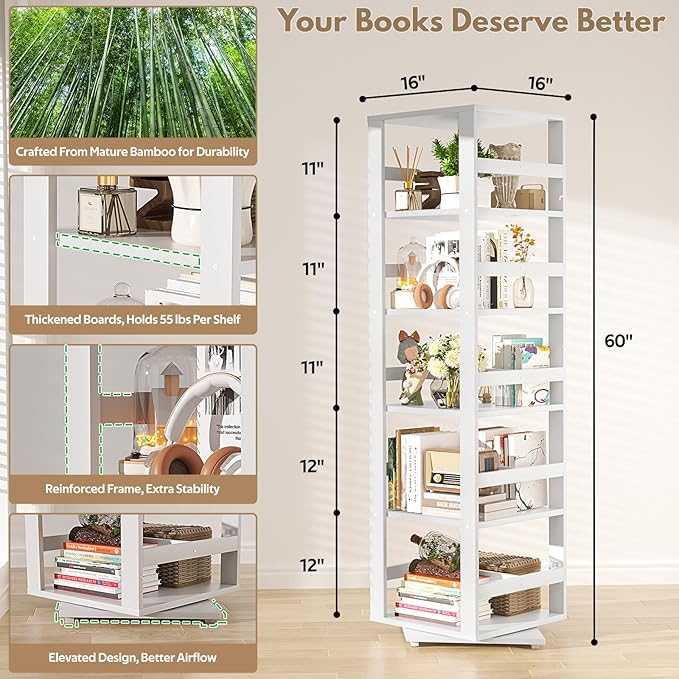 Homykic Rotating Bookshelf, Bamboo 360 Display Spinning Bookshelf Tower - Image 3