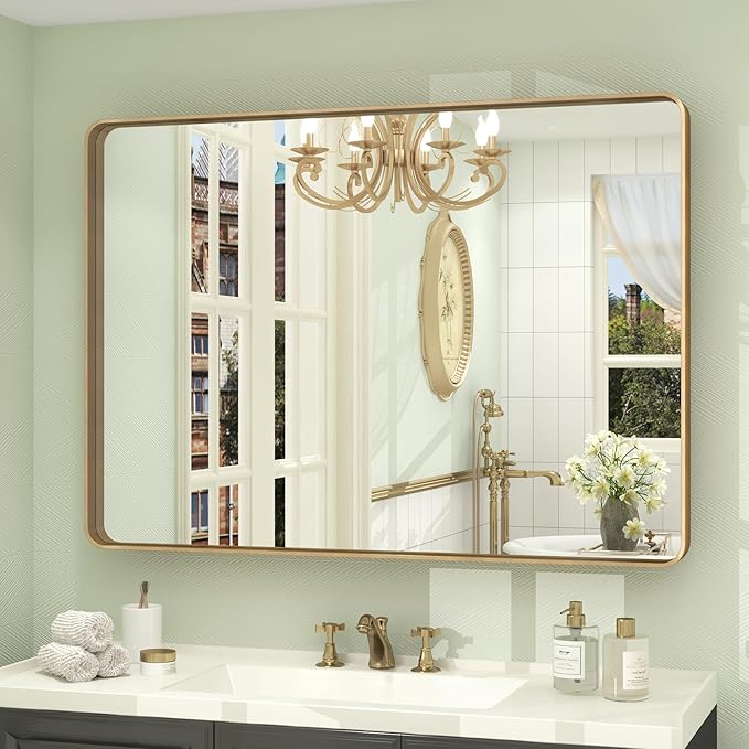44x30 Gold Framed Mirror for Bathroom, Brushed Gold Brass Bathroom Mirror by CHARMOR