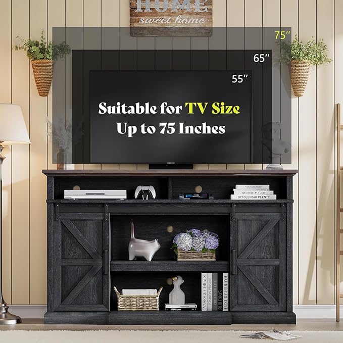 66" Farmhouse TV Stand with Sliding Barn Doors, Rustic Media Console Table - Image 3