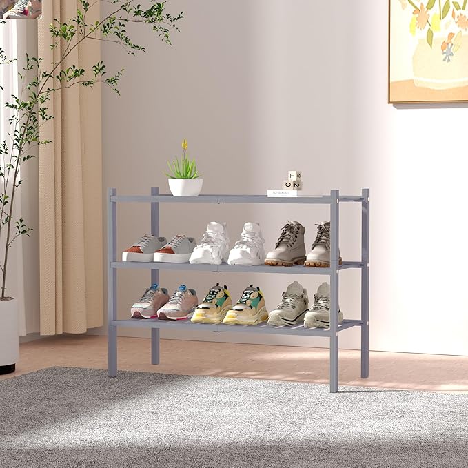 3 Tier Bamboo Shoe Rack for Closet Free Standing Wood Shoe Shelf Storage - Image 2