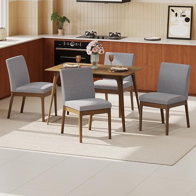 Dining Table Set for 4, Solid Rubberwood Upholstered Chairs, Mid-Century Modern by Merax