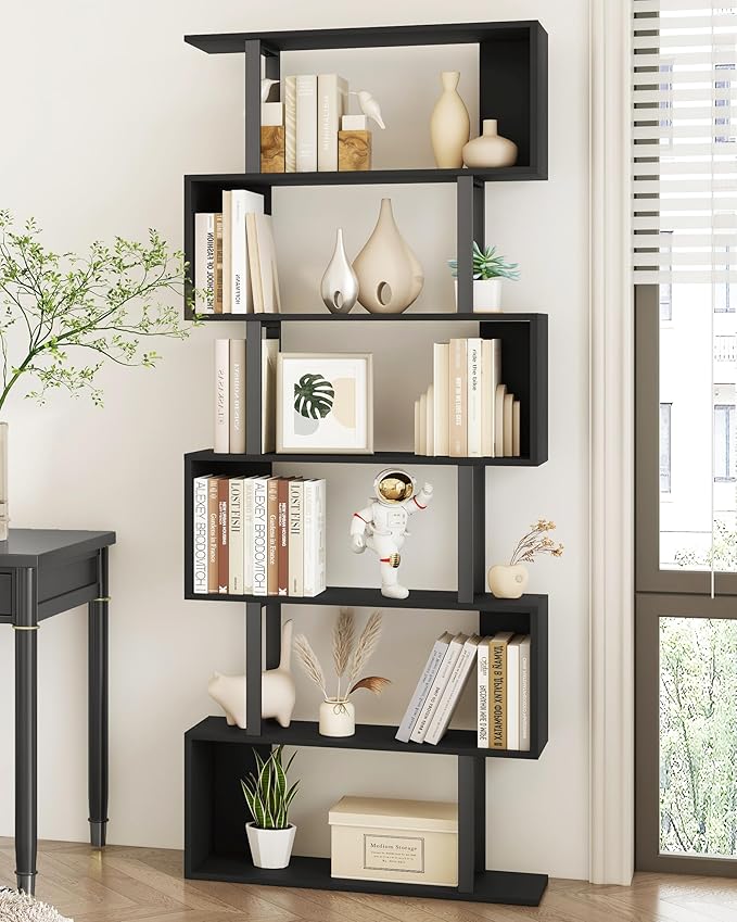 Yusong S Shaped Bookshelf, Modern Geometric Bookcase, 6-Tier Black Display Case - Image 2