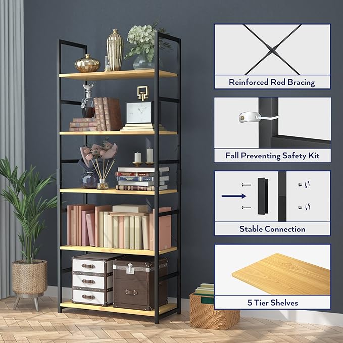 NUMENN 5 Tier Bookshelf, Tall Bookcase Shelf Storage Organizer, Modern Book - Image 5