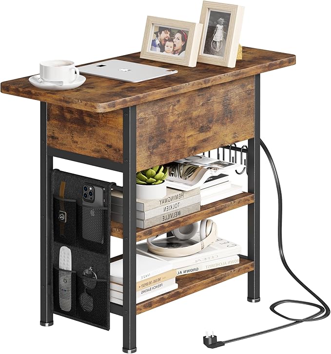 End Table with Charging Station, Flip Top Nightstand with USB Ports and Outlets by Homeiju