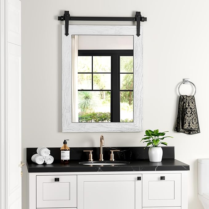 Bathroom Mirror for Over Sink 18”x24” Farmhouse Barn Door Mirror Rustic Wood - Image 5