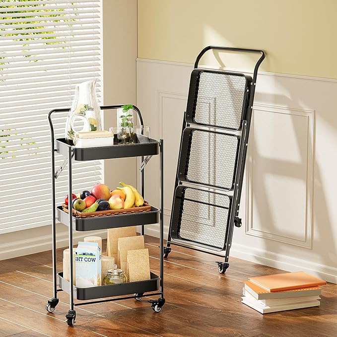 JAQ Foldable Rolling Cart, 3-Tier Metal Folding Storage Utility Carts Basket - Image 4