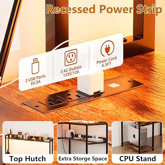 L Shaped Computer Desk with Hutch and Storage Shelves, Gaming Desk with LED - Image 5