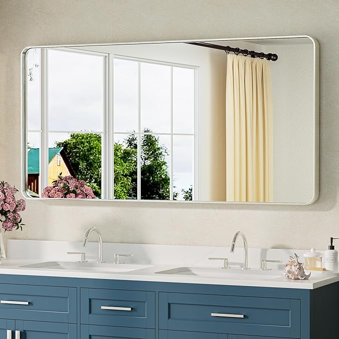 TETOTE Brushed Nickel Bathroom Mirror 48 x 24 Inch Brushed Nickel Metal Framed by TETOTE