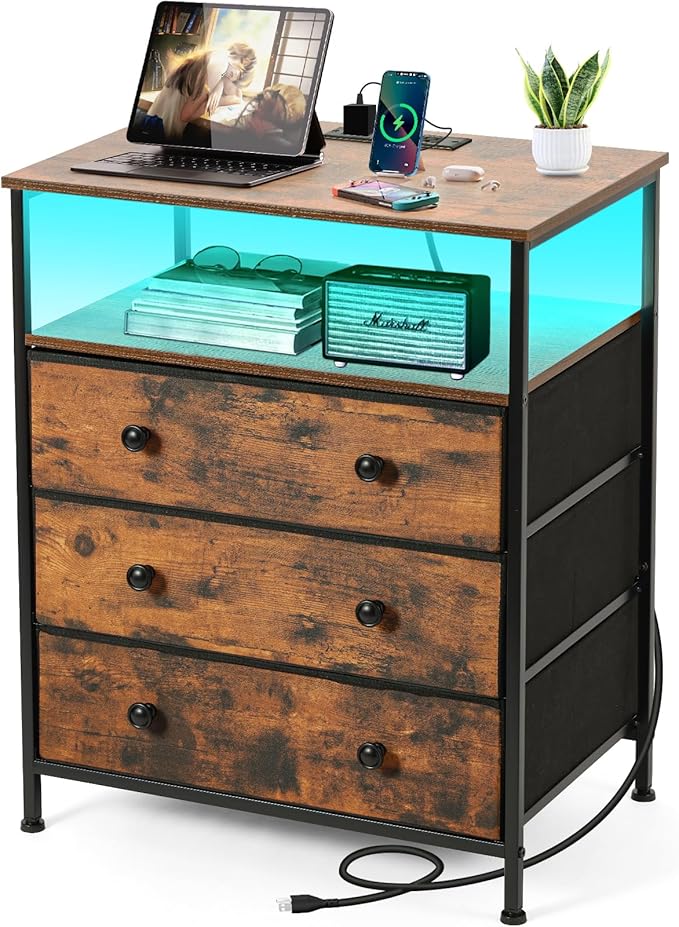 3 Drawers Dresser with Charging Station, 24 Inch Wide LED Night Stand with by PATAVOT