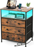 3 Drawers Dresser with Charging Station, 24 Inch Wide LED Night Stand with by PATAVOT