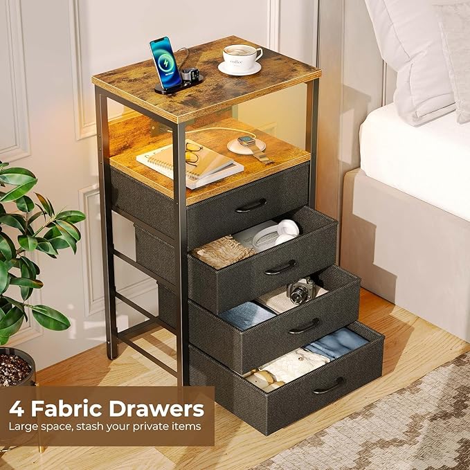 Seventable Night Stand with Charging Station, Tall Nightstand with 4 Fabric - Image 5