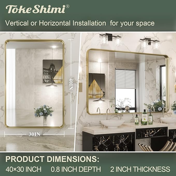 TokeShimi Gold Bathroom Mirror for Wall 40 x 30 Inch Rounded Corner Rectangle - Image 8